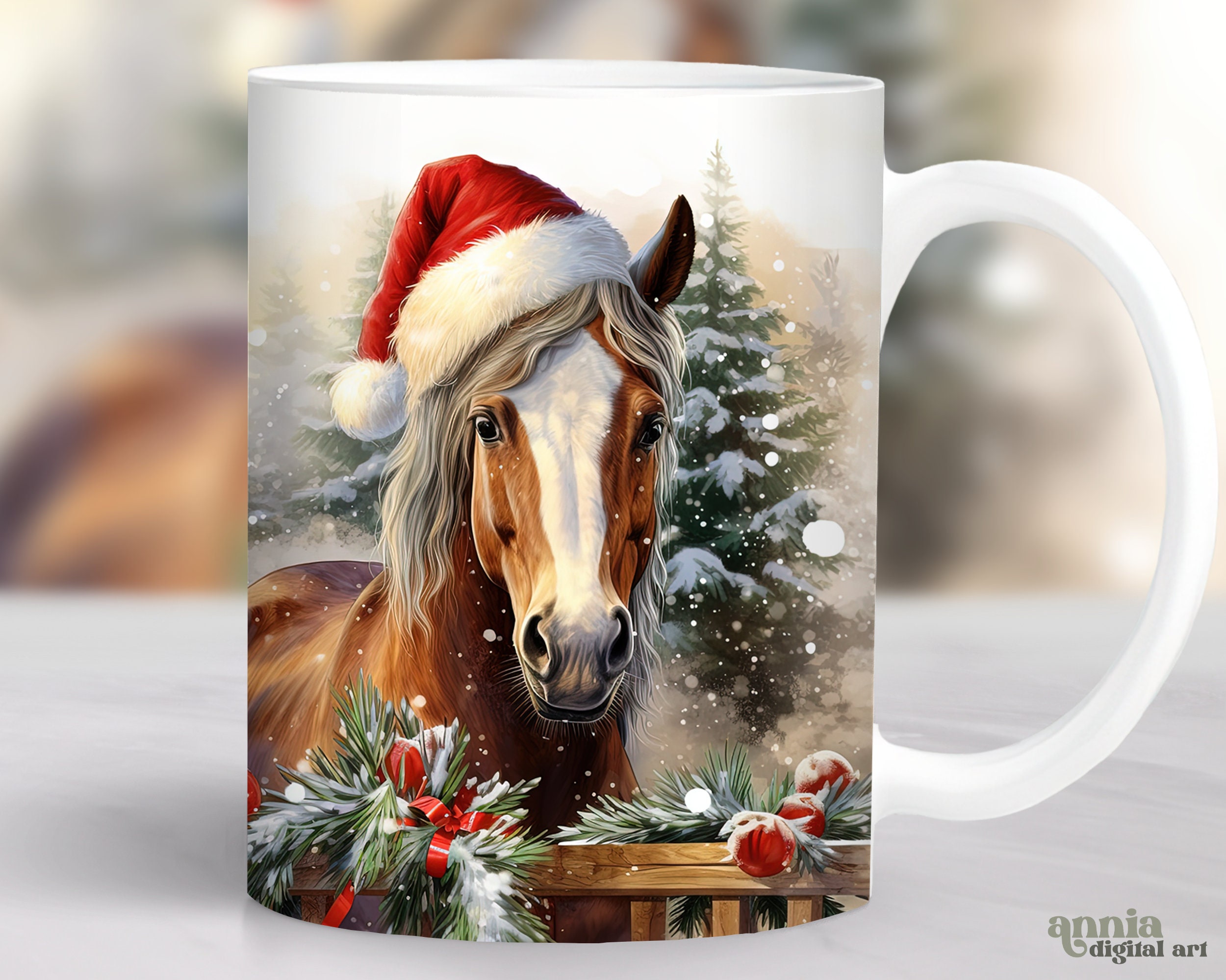 Christmas Horse Mug Wrap, Winter Animals Mug Sublimation Design, Holiday 11oz Coffee Cup Wrap, 15 oz Mug Wrap PNG, Christmas Mug Design