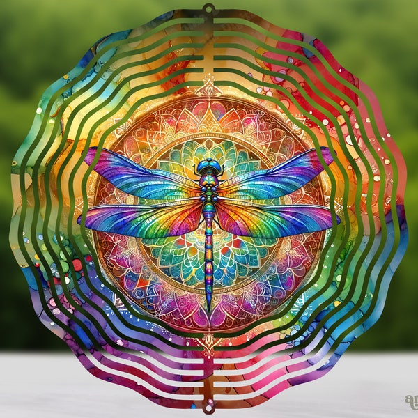 Dragonfly Wind Spinner Sublimation Design, Alcohol Ink 10 inch Garden Hanging Spinner PNG File, Watercolor Mandala Round Spinner PNG