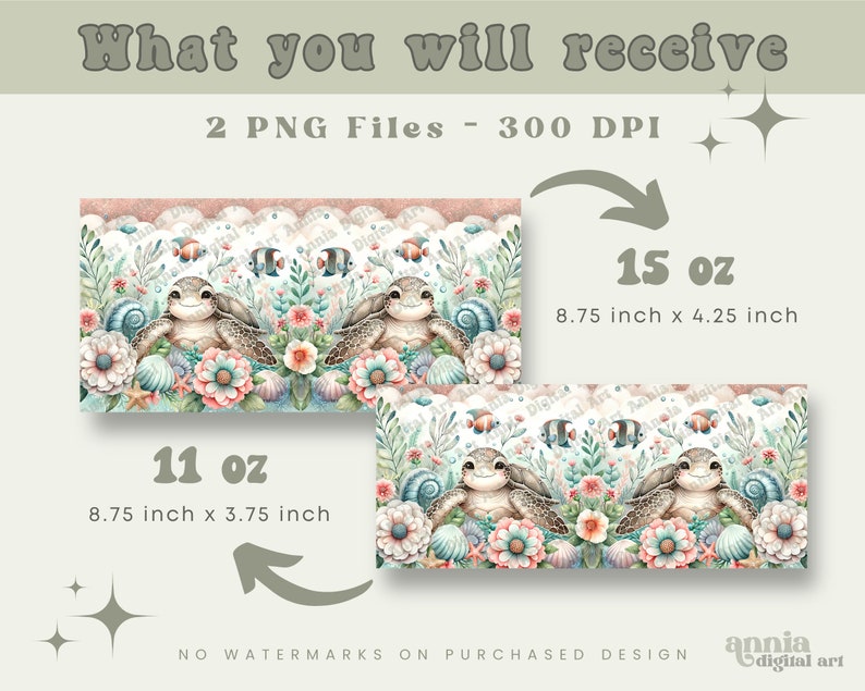 May include: Two digital printable images of a watercolor illustration of two sea turtles with flowers and seashells. The image is available in two sizes: 11 oz (8.75 inches by 3.75 inches) and 15 oz (8.75 inches by 4.25 inches).