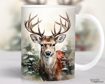 Winter Deer Mug Wrap, Watercolor Christmas Reindeer Mug Sublimation Design, 11oz Coffee Cup Wrap, 15oz Mug Wrap PNG, Animal Mug Press Design