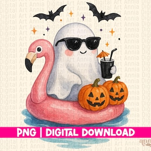 May include: Watercolor illustration of a ghost wearing sunglasses, floating on a pink flamingo pool float. Two carved pumpkins and a drink with a straw are also present. Bats and stars complete the Halloween theme.