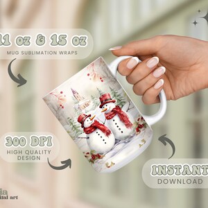 May include: A white ceramic mug with a winter scene featuring two snowmen, a church, and red berries. The mug is 11 oz or 15 oz and is for sublimation wraps. The text "300 DPI High Quality Design" and "Instant Download" is also included in the image.