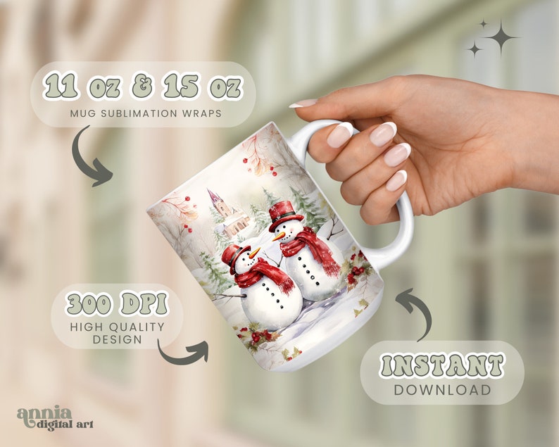 May include: A white ceramic mug with a winter scene featuring two snowmen, a church, and red berries. The mug is 11 oz or 15 oz and is for sublimation wraps. The text "300 DPI High Quality Design" and "Instant Download" is also included in the image.