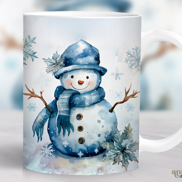 Christmas Snowman Mug Wrap, Blue Christmas Mug Sublimation Design, Winter 11oz Coffee Cup Wrap, 15 oz Mug Wrap PNG, Holiday Mug Design