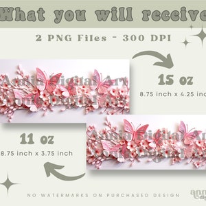 3D Pink Butterflies Mug Sublimation Design, Butterfly 11oz Coffee Cup Wrap, Flowers 15 oz Mug Wrap PNG, Spring Floral Mug Press Designs image 3
