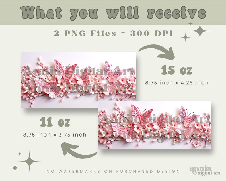 3D Pink Butterflies Mug Sublimation Design, Butterfly 11oz Coffee Cup Wrap, Flowers 15 oz Mug Wrap PNG, Spring Floral Mug Press Designs image 3