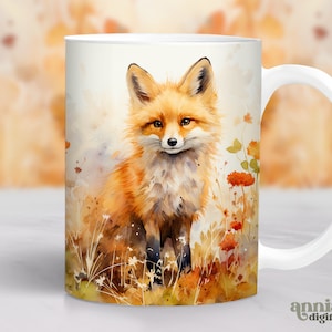 May include: White ceramic mug featuring a watercolour illustration of a red fox standing in a field of orange wildflowers. The fox is looking directly at the viewer.