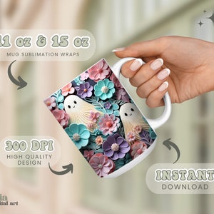 May include: A white ceramic mug with a sublimation wrap featuring a floral design with pastel pink, purple, blue, and green flowers. Two white ghosts with smiling faces are nestled among the flowers. The mug is 11 oz or 15 oz. The text "300 DPI HIGH QUALITY DESIGN" and "INSTANT DOWNLOAD" are also included in the image.