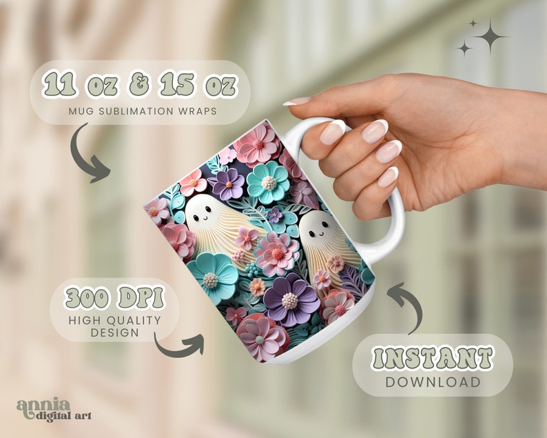 May include: A white ceramic mug with a sublimation wrap featuring a floral design with pastel pink, purple, blue, and green flowers. Two white ghosts with smiling faces are nestled among the flowers. The mug is 11 oz or 15 oz. The text "300 DPI HIGH QUALITY DESIGN" and "INSTANT DOWNLOAD" are also included in the image.