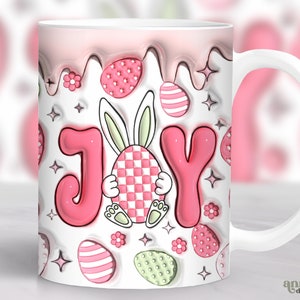 3D Easter Mug Wrap Inflated, Puffy Easter Joy Mug Sublimation Design, Retro Spring 11oz Cup Wrap Groovy, Pastel Easter Eggs 15oz Mug PNG