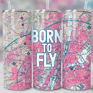 Born To Fly Tumbler Wrap para piloto feminina, gráfico de vôo de aviação rosa design de sublimação de copo de 20 onças, copo de mapa seccional de avião, png