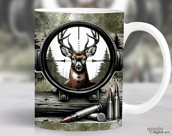 Envoltura de taza de caza de ciervos, Diseño de sublimación de taza de cazador para hombres, Woods Rustic 11oz Coffee Cup Png, Male Forest Scope 15 oz Mug Wrap PNG