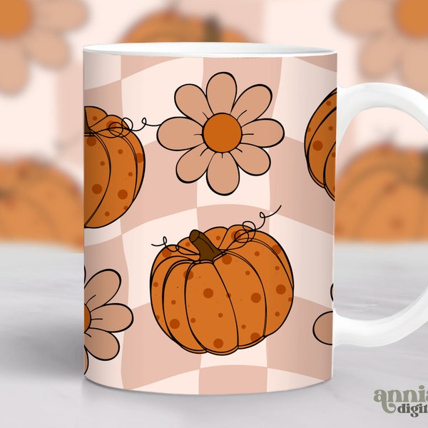 Retro Fall Cup Wraps, Autumn Pumpkins Mug Sublimation Design, 11oz Coffee Cup Template, Groovy Flowers 15 oz Mug Wrap PNG, Mug Press Designs