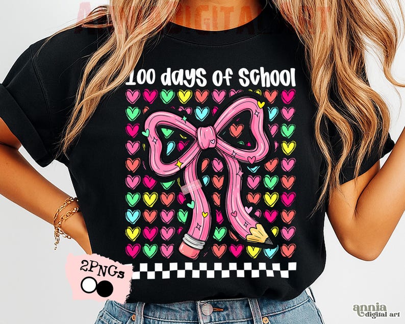May include: Black t-shirt with the text "100 days of school." The design features a pink pencil shaped like a bow, surrounded by colorful hearts. A black and white checkered pattern is at the bottom.