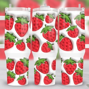 3D Strawberry 40oz Tumbler Wrap Inflated, Spring Red Strawberries 40 oz Quencher Tumbler Sublimation Design, Puffy Summer Fruits Tumbler PNG