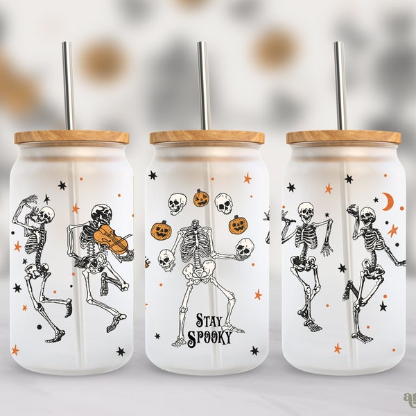 Dancing Skeletons Halloween 16oz Frosted Glass Sublimation Design, Retro Pumpkins Libbey Cup Wrap PNG, Fall Can Wrap, Spooky Iced Coffee Jar