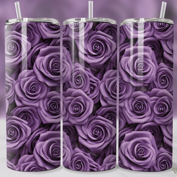 Purple Roses Tumbler Wrap, Seamless 3D Colorful Flowers 20oz Skinny Tumbler Sublimation Design, Straight & Tapered Tumbler PNG