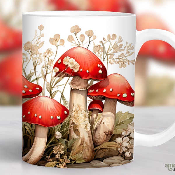 Mushrooms Mug Wrap, Cottagecore Mug Sublimation Design, Botanical 11oz Coffee Cup Template, 15 oz Mug Wrap PNG, Mug Press Designs