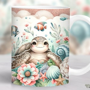 May include: White ceramic mug with a colorful illustration of a turtle surrounded by sea life, including fish, seashells, and coral. The design features a pink, blue, and green color scheme.