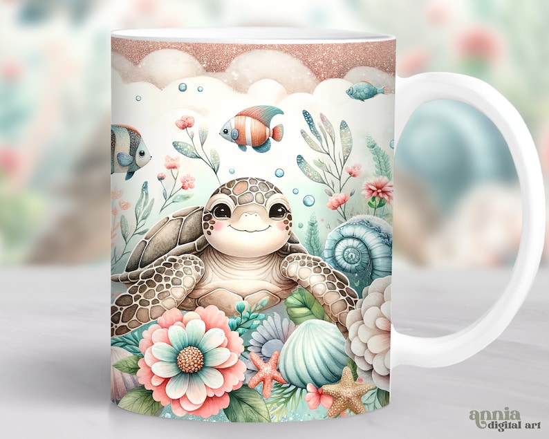 May include: White ceramic mug with a colorful illustration of a turtle surrounded by sea life, including fish, seashells, and coral. The design features a pink, blue, and green color scheme.