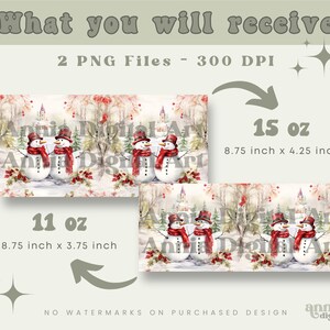 May include: Two digital printable images of a winter scene with snowmen, trees, and a red cardinal. The images are available in two sizes: 11 oz (8.75 inches by 3.75 inches) and 15 oz (8.75 inches by 4.25 inches).