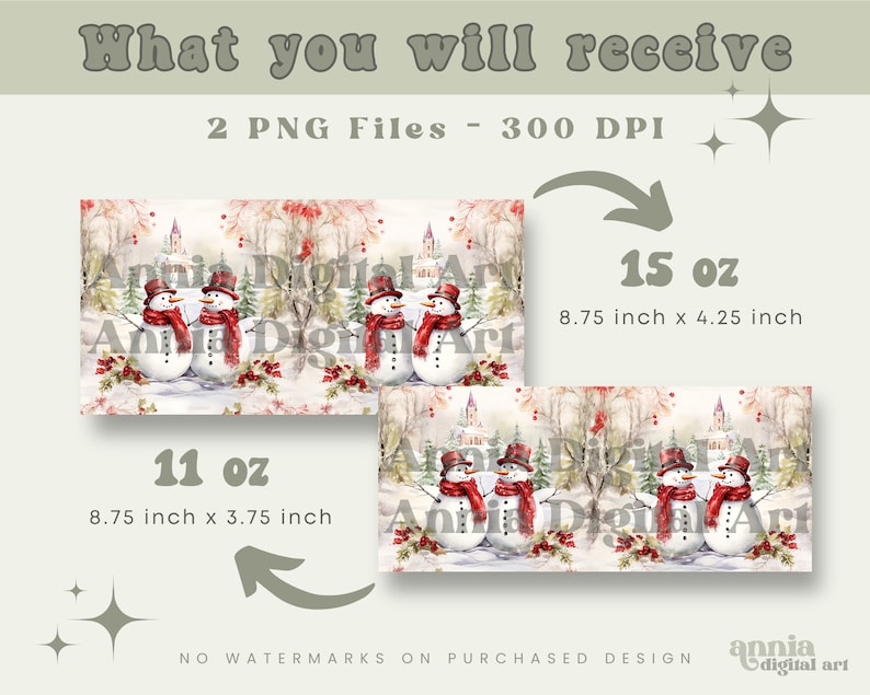 May include: Two digital printable images of a winter scene with snowmen, trees, and a red cardinal. The images are available in two sizes: 11 oz (8.75 inches by 3.75 inches) and 15 oz (8.75 inches by 4.25 inches).