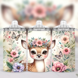 May include: Three stainless steel tumblers with a floral design and a cute fawn with a flower crown. The tumblers have a clear lid and a handle.