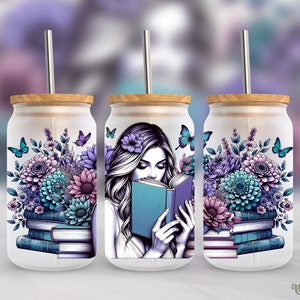 Dziewczyna z książkami 16oz Wrap PNG, Kwiatowy Miłośnik Książek Mrożone Szkło Sublimacja Projekt, Książkowy Czytanie Libbey Kubek PNG, Czytelnik Puszka Tumbler PNG