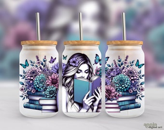 Mädchen mit Büchern (473 ml) – Verpackung (PNG), Florales Design für Buchliebhaber auf mattiertem Glas (Sublimationsdruck), Libbey-Becher für Bücherwürmer (PNG), Trinkbecher für Leseratten (PNG)