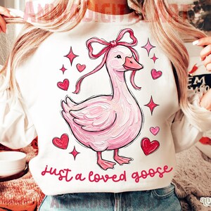 Pu&ograve; includere: Felpa bianca con un'illustrazione di un'oca rosa, fiocco, cuori e stelle. Il testo "just a loved goose" &egrave; scritto in rosa. Un design affascinante e adorabile.