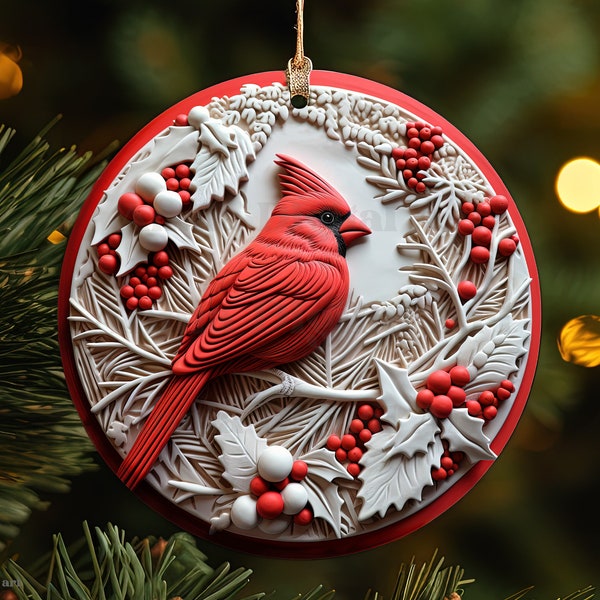 3D Cardinal Ornament PNG Sublimation Design, Red Cardinal Christmas Round Ornament PNG File, Winter Bird Ornament Instant Digital Download