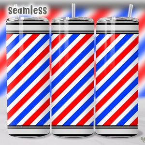 May include: Three stainless steel tumblers with a red, white, and blue barber pole pattern. The tumblers are seamless and have a black and white stripe at the top and bottom.