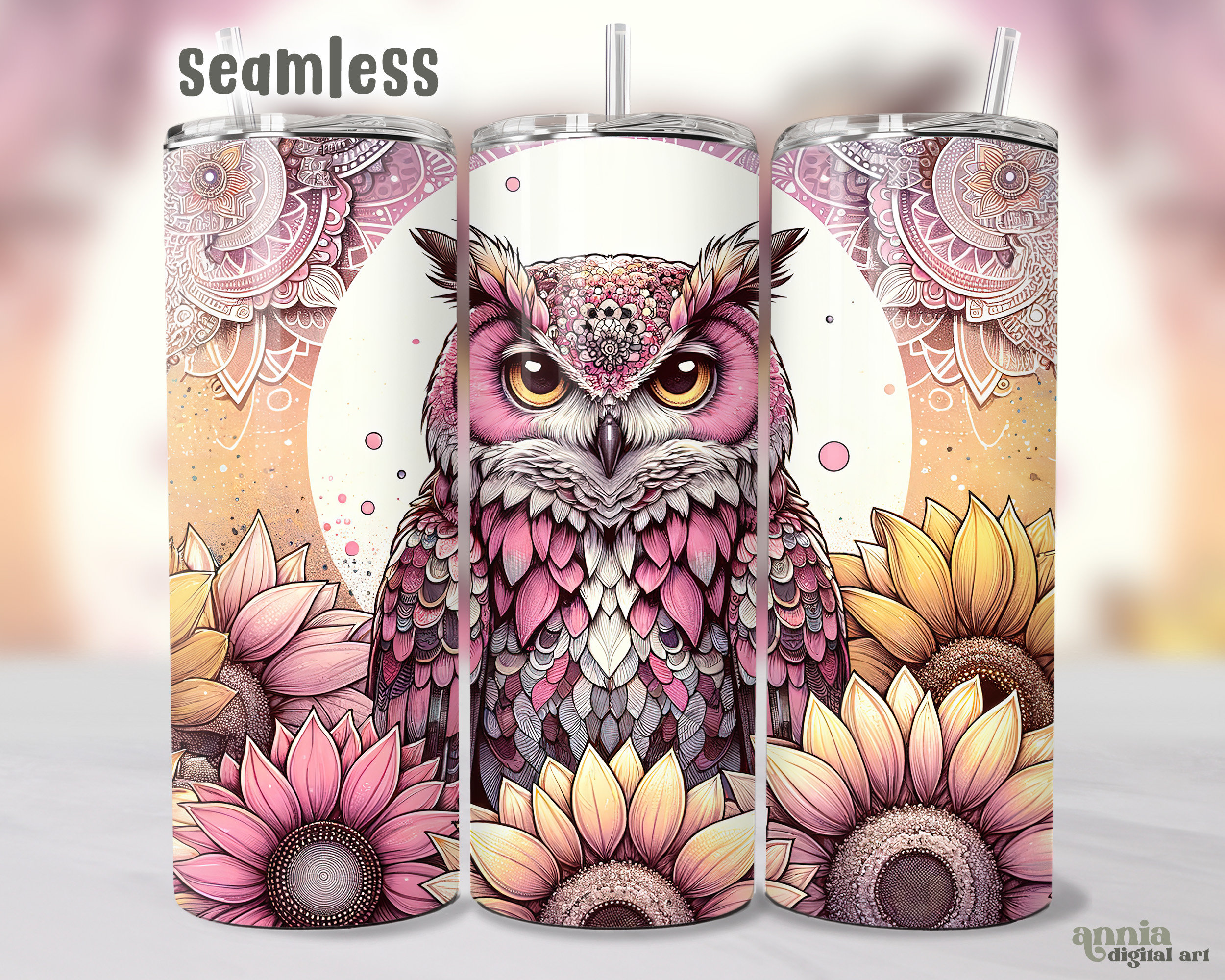 Pink Owl Tumbler Wrap, Seamless Sunflowers 20oz Skinny Tumbler Sublimation Design, Summer Floral Str