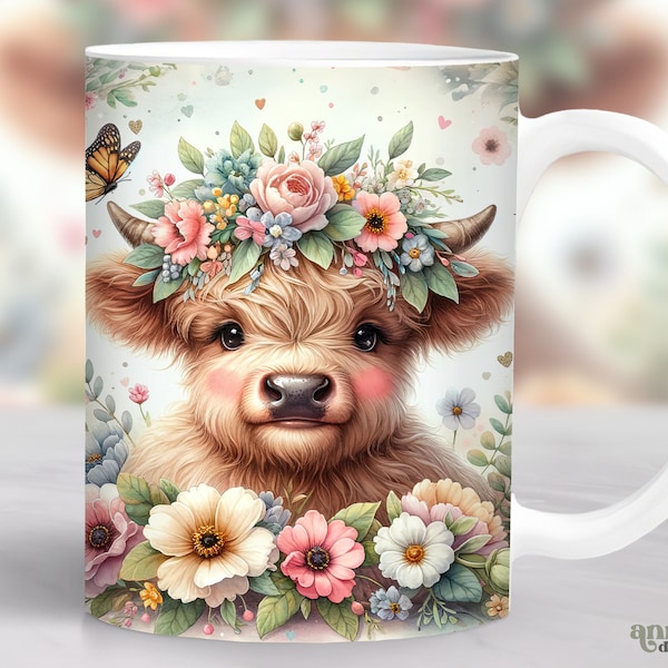 Flowers Highland Cow Mug Wrap, Summer Floral Mug Sublimation Design, Watercolor Spring 11oz Cup Png, Cute Baby Animal 15 oz Mug Wrap PNG