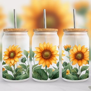 Sunflowers 16oz Wrap PNG, Summer Flowers Glass Sublimation Design, Floral Libbey Cup Wrap Png, 16oz Wrap PNG, Seamless Frosted Glass PNG
