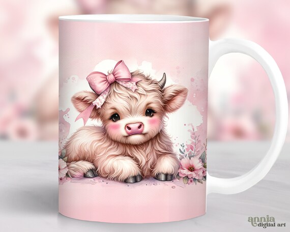 Coquette Highland Cow Mug Wrap, Pink Bows Mug Sublimation Design, Summer 11oz Cup Template, Girly 15 oz Mug Wrap PNG, Cute Cow Mug Design