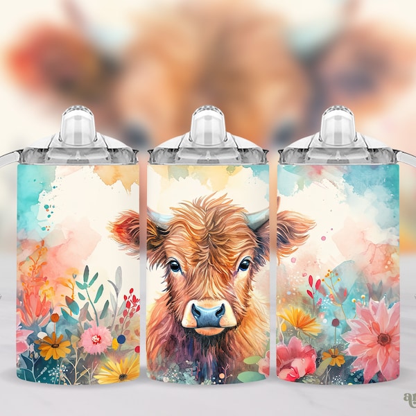 Highland Cow Sippy Cup Tumbler Wrap, Summer Flowers 12oz Kids Water Bottle Sublimation Design PNG, Western Toddler Sippy Wrap for Girls