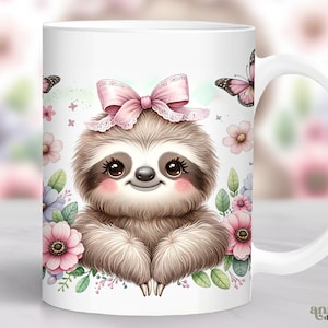 Floral Sloth Mug Wrap, Watercolor Spring Flowers Mug Sublimation Design, Summer 11oz Coffee Cup Png, Coquette Baby Animals 15 oz Mug PNG