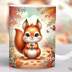 May include: White ceramic mug featuring a colourful illustration of a cartoon squirrel holding an acorn. The squirrel is surrounded by autumn leaves and butterflies. The mug has a white handle.