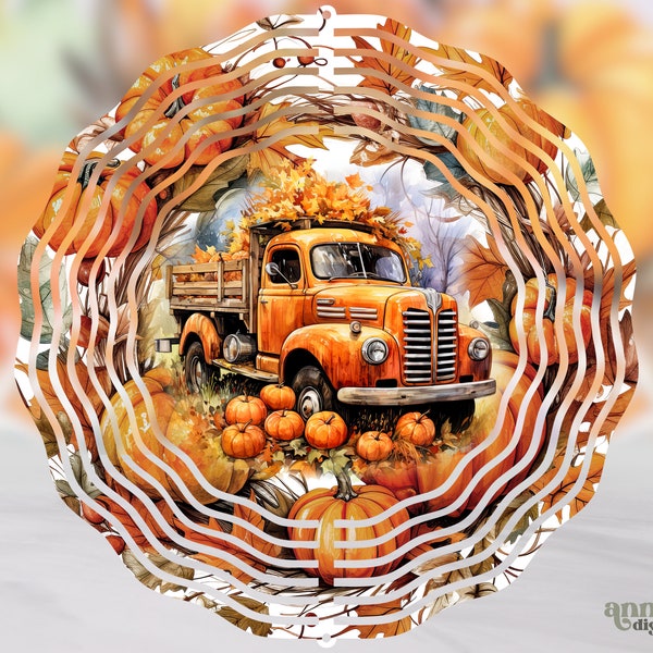 Fall Wind Spinner Sublimation Design, Farm Vintage Pumpkin Truck 10 inch Hanging Spinner PNG, Country Autumn Harvest Wind Spinner Wrap