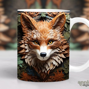 3D Fox Mug Wrap, Forest Carving Mug Sublimation Design, 11oz Coffee Cup Template, 15 oz Mug Wrap PNG for Men, Woodland Mug Press Designs