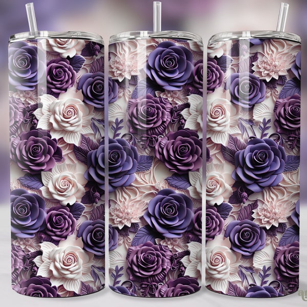 Purple Roses Tumbler Wrap, Seamless 3D Colorful Flowers 20oz Skinny Tumbler Sublimation Design, Straight & Tapered Tumbler PNG