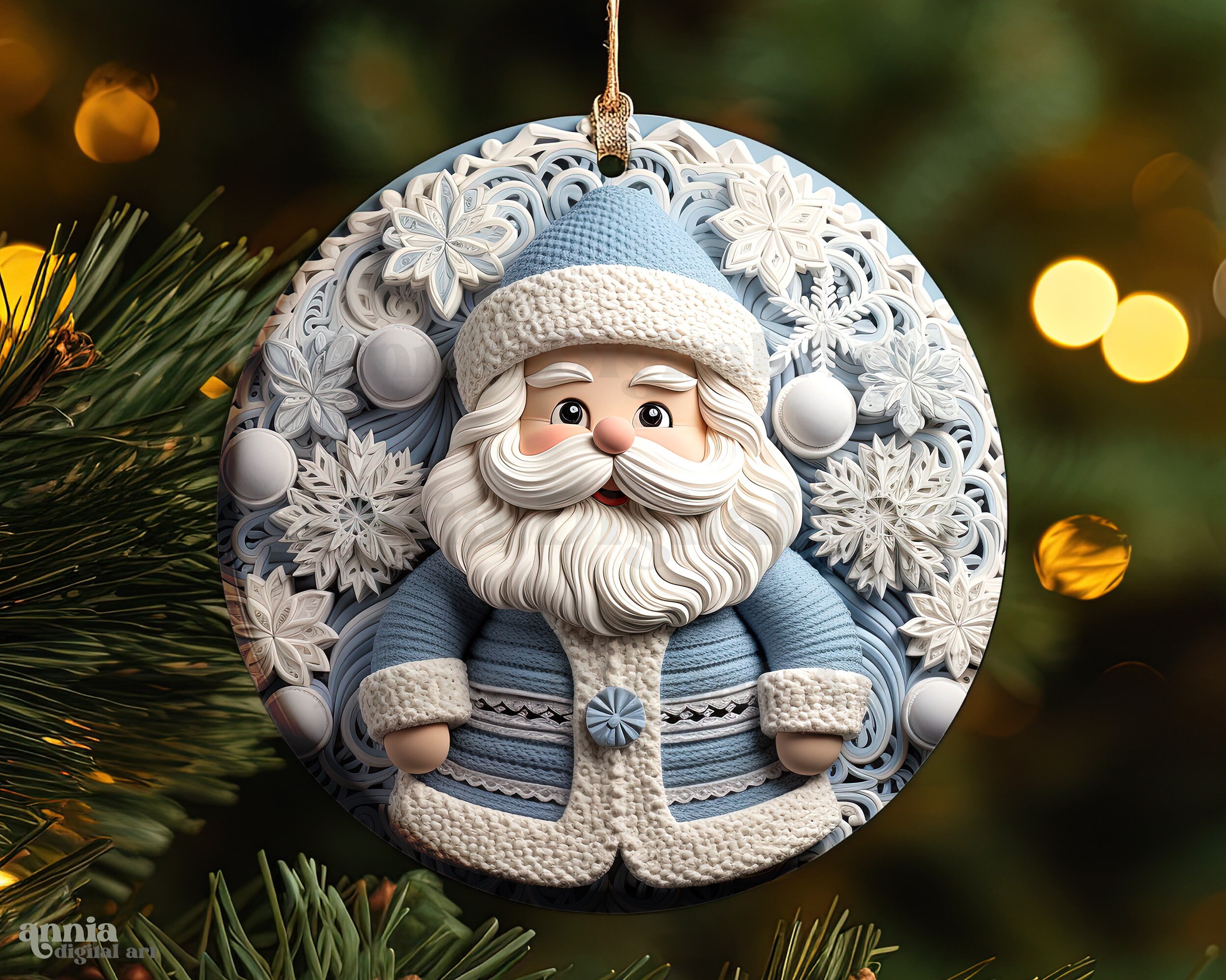 3D Christmas Ornament PNG Sublimation Design, Blue Santa Claus Christmas Round Ornament PNG File, Winter Ornament Instant Digital Download