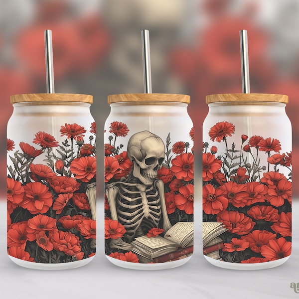 Reading Skeleton 16oz Wrap PNG, Red Flowers Frosted Glass Sublimation Design, Book Lover Libbey Cup PNG, Booktrovert Can Tumbler PNG