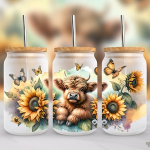 Highland Cow Sunflowers 16oz Wrap PNG, Summer Flowers Frosted Glass Sublimation Design, Watercolor Floral Libbey Cup PNG, Farm Animals PNG