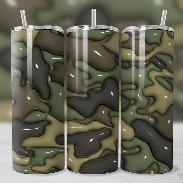 3D Camo opgeblazen gezwollen 20oz skinny tuimelaar wrap sublimatie tuimelaar ontwerp, rechte & taps toelopende leger tuimelaar PNG, Bubble camouflage bos