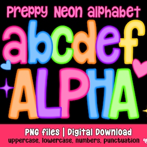 Neon Preppy Doodle Alphabet PNG, Helles Doodle Alpha Buchstaben und Zahlen PNG, Bunte Sublimation Doodle Schriftart Png, Schule Alpha Set Clipart