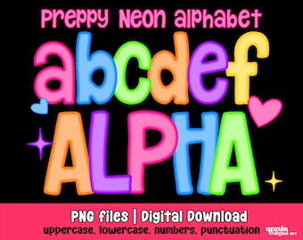 Neon Preppy Doodle Alphabet PNG, Bright Doodle Alpha Letters and Numbers PNG, Colorful Sublimation Doodle Font Png, School Alpha Set Clipart