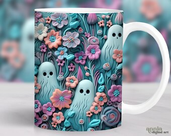 3D Pastello Halloween Mug Wrap, Fantasmi e Fiori Mug Sublimation Design, 11oz Coffee Cup Template, 15 oz Mug Wrap PNG, Mug Press Design