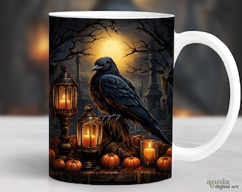 Crow Halloween Mug Wrap, Gothic Black Raven Mug Sublimation Design, 11oz Coffee Cup Template, 15 oz Mug Wrap PNG, Goth Mug Press Design